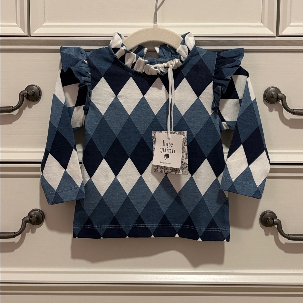 NWT Kate Quinn Baby Girl Long Sleeve Argyle Ruffle Top Shirt Size 6-12 Months